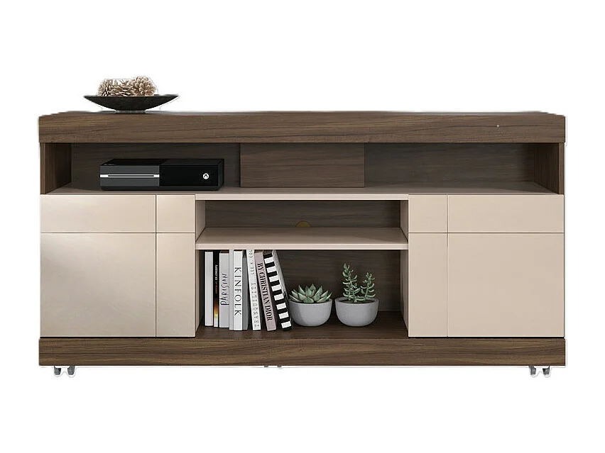 Meuble TV 47 Pouces Noyer et Blanc 2 Portes 5 Niches Roulettes L 136 H 69.8 P 37.4 cm