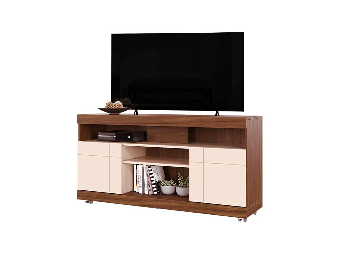 Meuble TV 47 Pouces Noyer et Blanc 2 Portes 5 Niches Roulettes L 136 H 69.8 P 37.4 cm