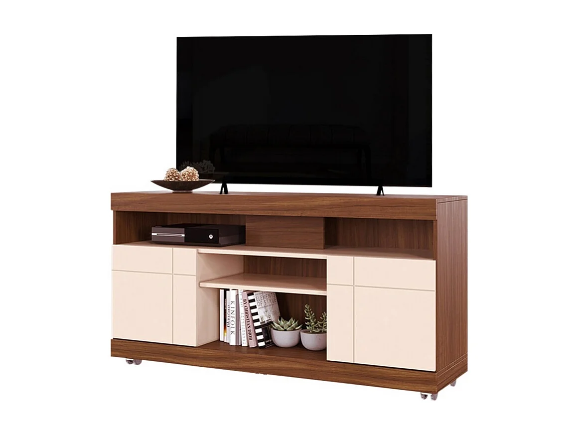 Meuble TV 47 Pouces Noyer et Blanc 2 Portes 5 Niches Roulettes L 136 H 69.8 P 37.4 cm