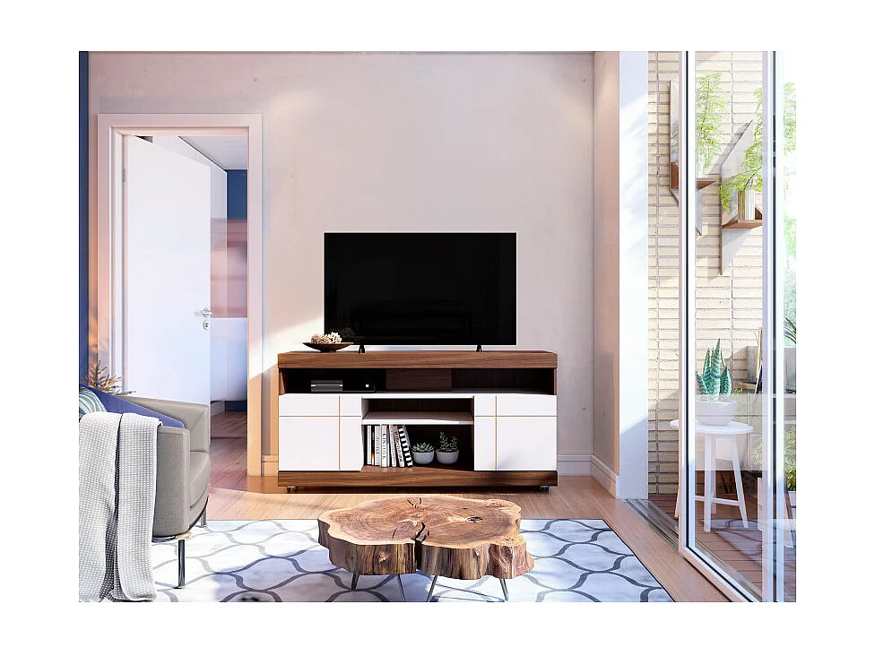 Meuble TV 47 Pouces Noyer et Blanc 2 Portes 5 Niches Roulettes L 136 H 69.8 P 37.4 cm