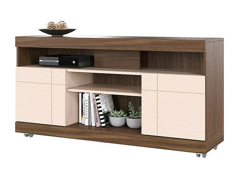 Meuble TV 47 Pouces Noyer et Blanc 2 Portes 5 Niches Roulettes L 136 H 69.8 P 37.4 cm