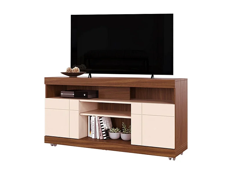 Meuble TV 47 Pouces Noyer et Blanc 2 Portes 5 Niches Roulettes L 136 H 69.8 P 37.4 cm