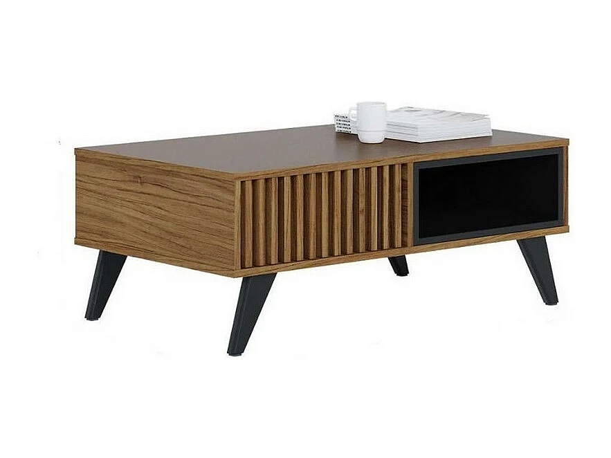 Table Basse 2 Niches 4 Pieds Bois Noyer et Noir L 90.5 H 54 P 35.2 cm