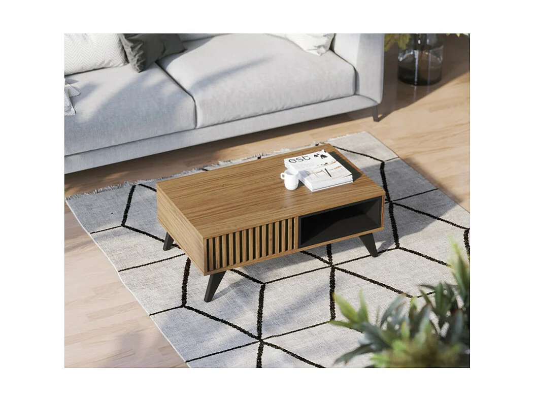 Table Basse 2 Niches 4 Pieds Bois Noyer et Noir L 90.5 H 54 P 35.2 cm