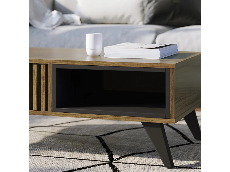 Table Basse 2 Niches 4 Pieds Bois Noyer et Noir L 90.5 H 54 P 35.2 cm