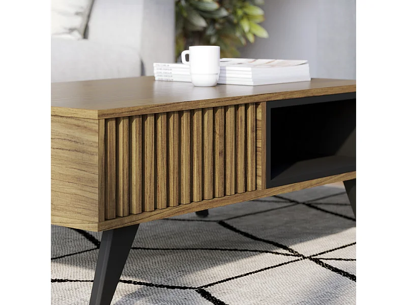 Table Basse 2 Niches 4 Pieds Bois Noyer et Noir L 90.5 H 54 P 35.2 cm