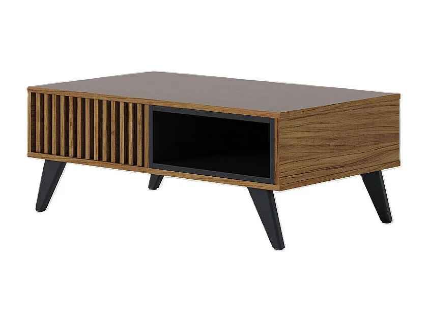 Table Basse 2 Niches 4 Pieds Bois Noyer et Noir L 90.5 H 54 P 35.2 cm