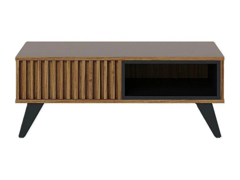 Table Basse 2 Niches 4 Pieds Bois Noyer et Noir L 90.5 H 54 P 35.2 cm