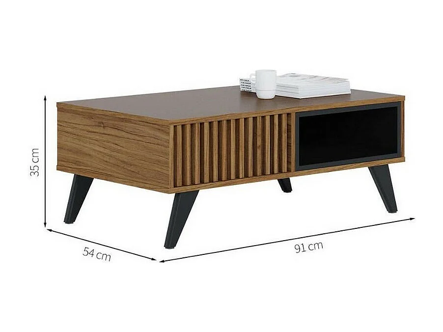 Table Basse 2 Niches 4 Pieds Bois Noyer et Noir L 90.5 H 54 P 35.2 cm