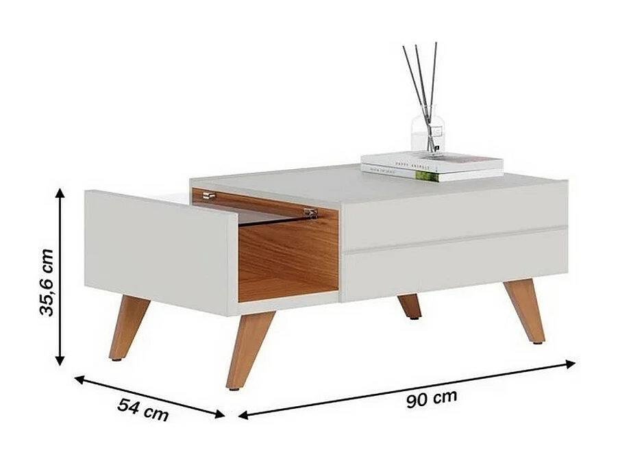 Table Basse 1 Tiroir 1 Niche 4 Pieds Bois Blanche et Chêne L 90 H 35.6 P 54 cm