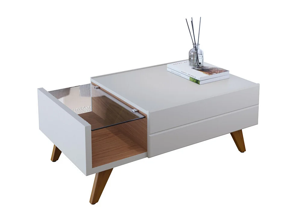 Table Basse 1 Tiroir 1 Niche 4 Pieds Bois Blanc Grisé et Chêne L 90 H 35.6 P 54 cm
