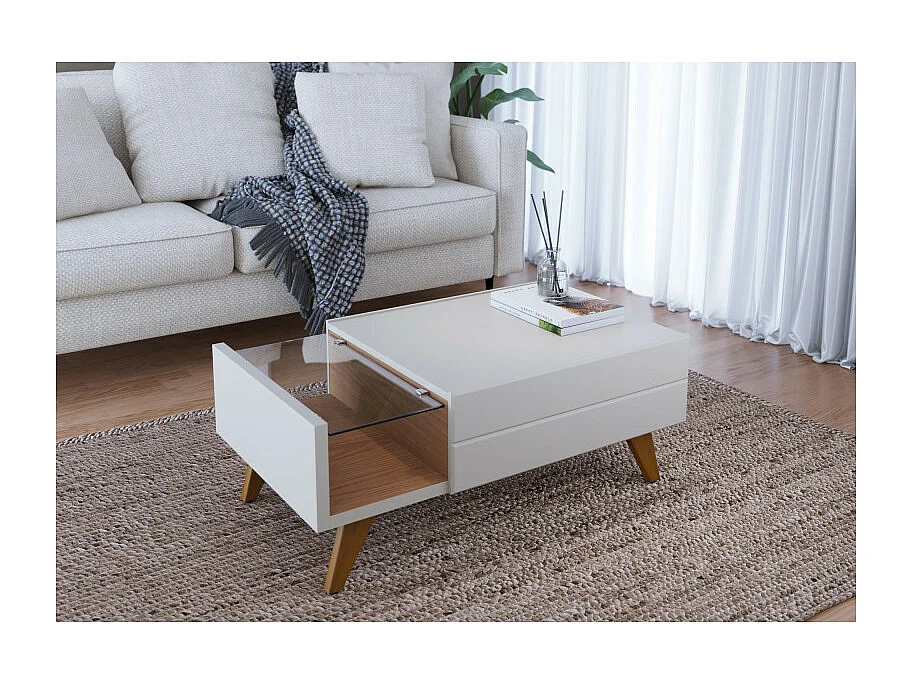 Table Basse 1 Tiroir 1 Niche 4 Pieds Bois Blanc Grisé et Chêne L 90 H 35.6 P 54 cm