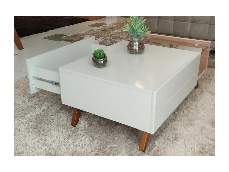 Table Basse 1 Tiroir 1 Niche 4 Pieds Bois Blanc Grisé et Chêne L 90 H 35.6 P 54 cm