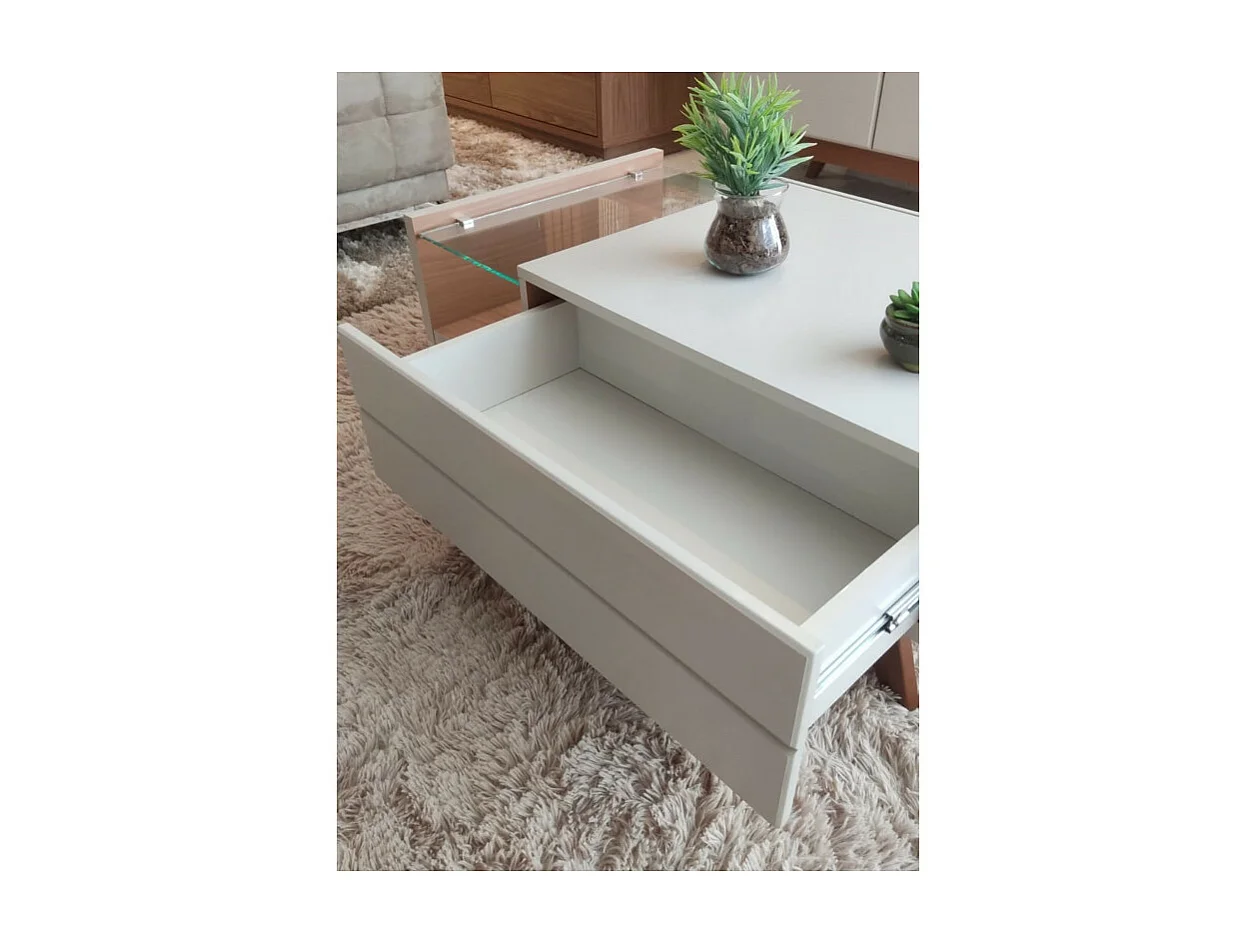 Table Basse 1 Tiroir 1 Niche 4 Pieds Bois Blanc Grisé et Chêne L 90 H 35.6 P 54 cm
