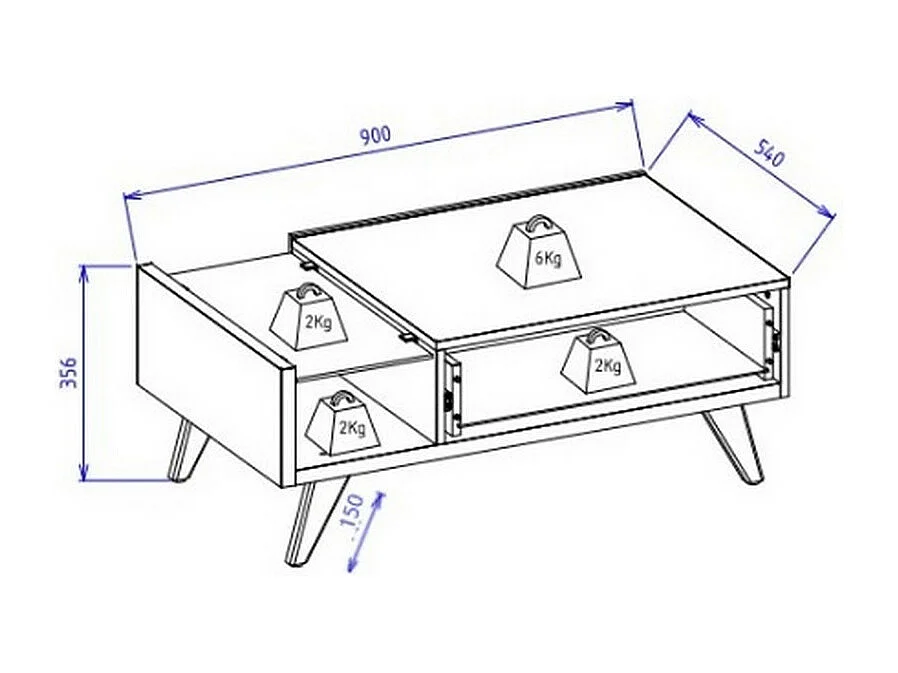 Table Basse 1 Tiroir 1 Niche 4 Pieds Bois Blanc Grisé et Chêne L 90 H 35.6 P 54 cm