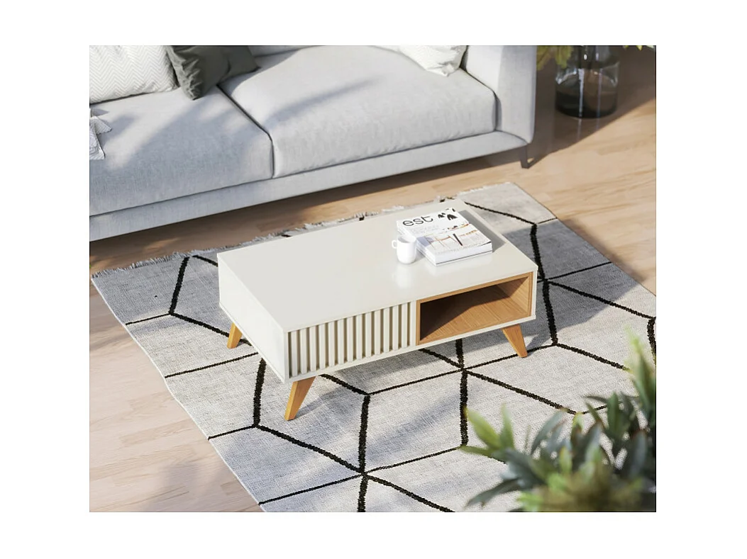 Table Basse 2 Niches 4 Pieds Bois Blanc Grisé et Chêne L 90.5 H 54 P 35.2 cm