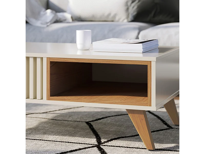 Table Basse 2 Niches 4 Pieds Bois Blanc Grisé et Chêne L 90.5 H 54 P 35.2 cm