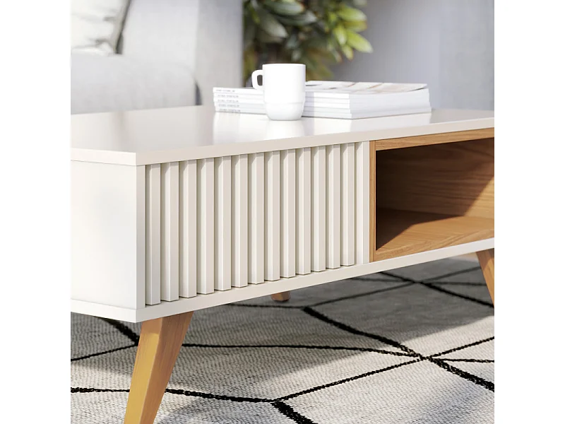 Table Basse 2 Niches 4 Pieds Bois Blanc Grisé et Chêne L 90.5 H 54 P 35.2 cm