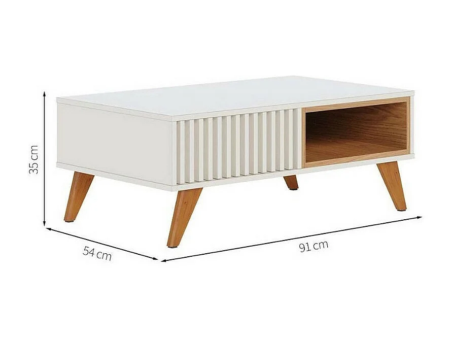Table Basse 2 Niches 4 Pieds Bois Blanc Grisé et Chêne L 90.5 H 54 P 35.2 cm