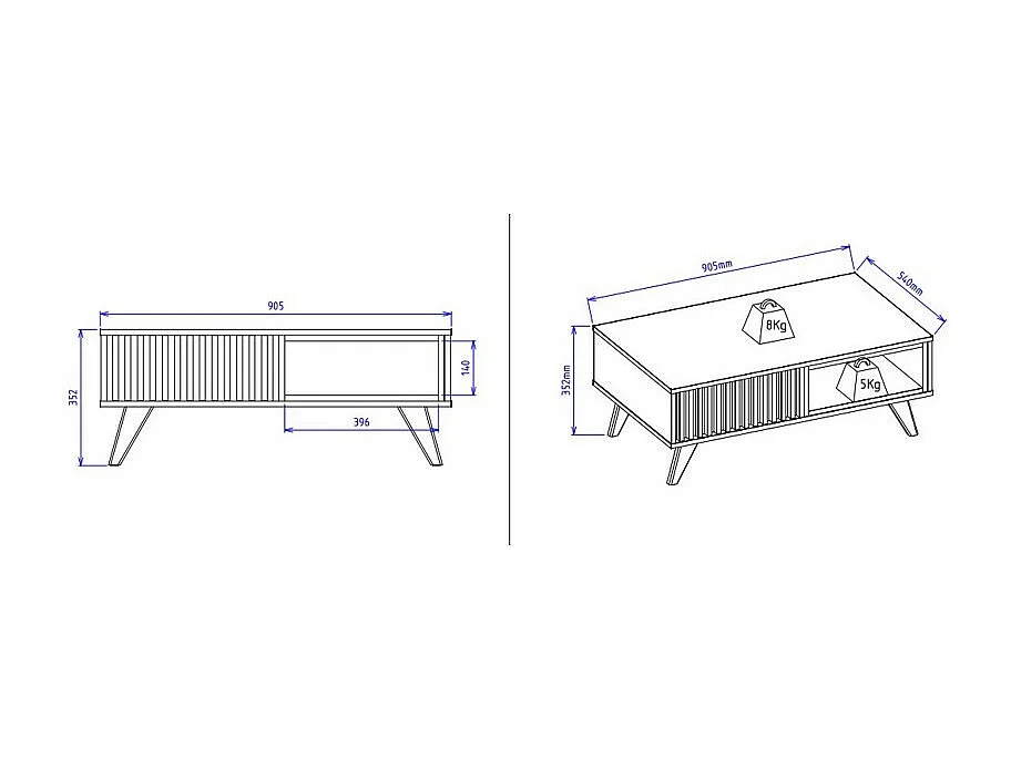 Table Basse 2 Niches 4 Pieds Bois Blanc Grisé et Chêne L 90.5 H 54 P 35.2 cm