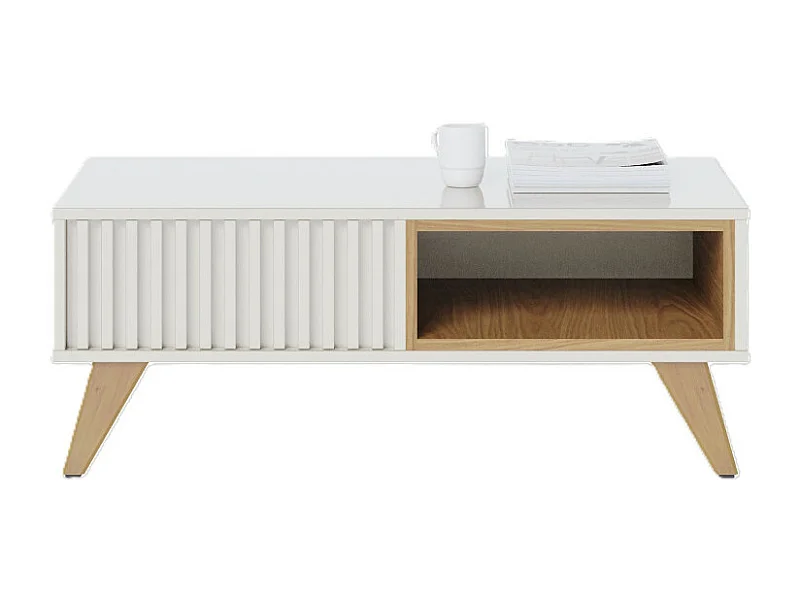 Table Basse 2 Niches 4 Pieds Bois Blanc Grisé et Chêne L 90.5 H 54 P 35.2 cm