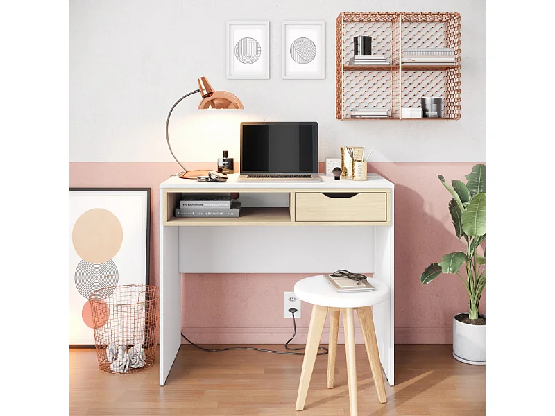 Bureau 1 Tiroir 1 Niche Blanc et Chêne Clair L 90 H 77.5 P 44 cm