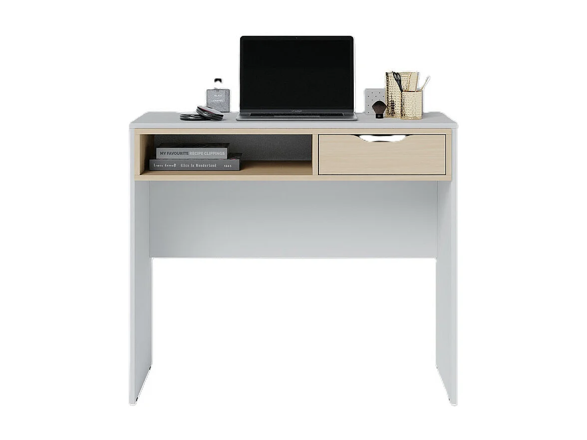 Bureau 1 Tiroir 1 Niche Blanc et Chêne Clair L 90 H 77.5 P 44 cm