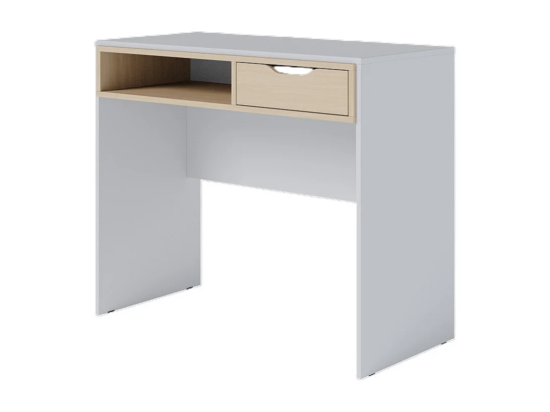 Bureau 1 Tiroir 1 Niche Blanc Grisé et Chêne Clair L 90 H 77.5 P 44 cm