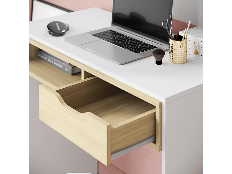Bureau 1 Tiroir 1 Niche Blanc Grisé et Chêne Clair L 90 H 77.5 P 44 cm