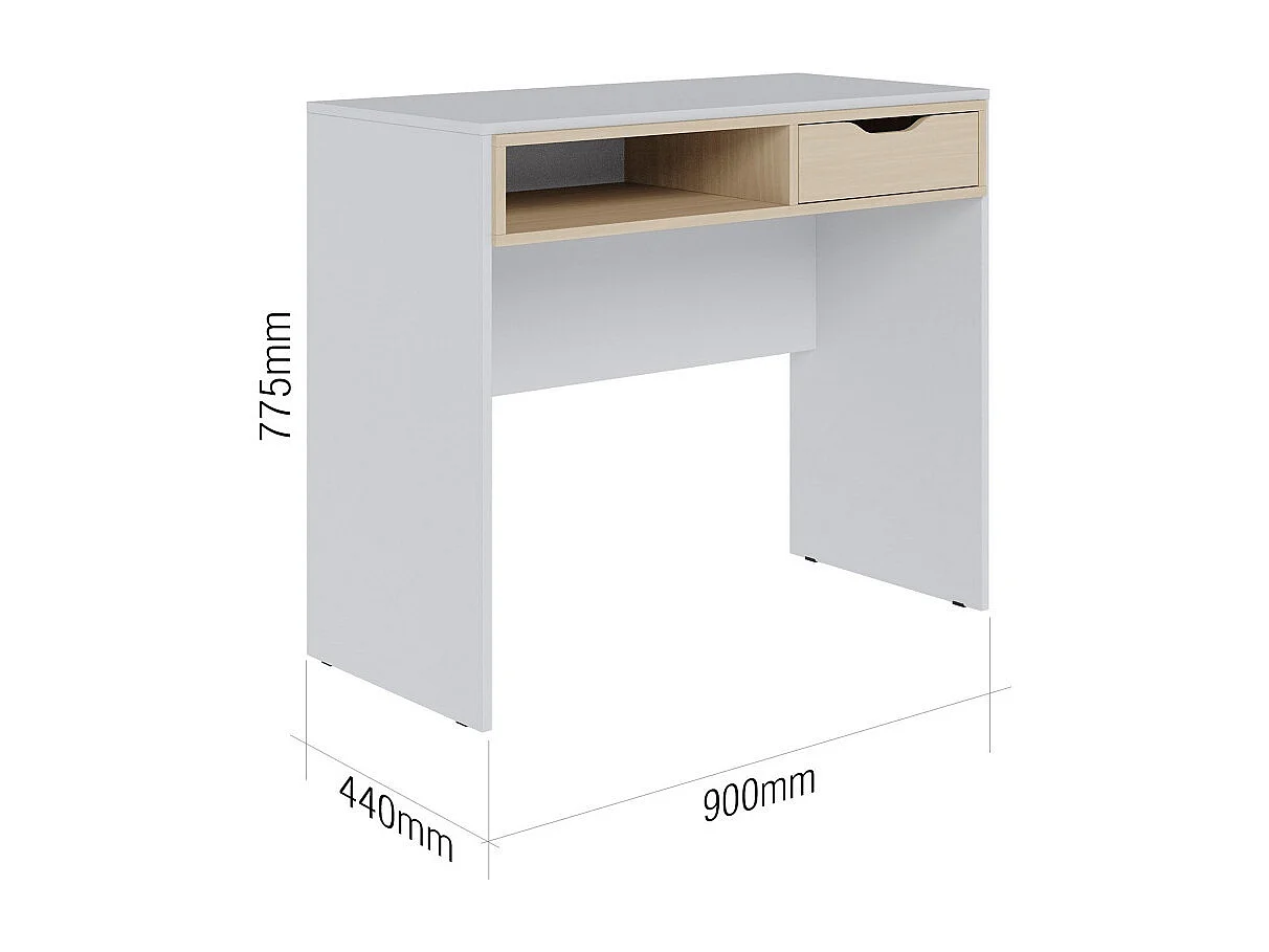 Bureau 1 Tiroir 1 Niche Blanc Grisé et Chêne Clair L 90 H 77.5 P 44 cm