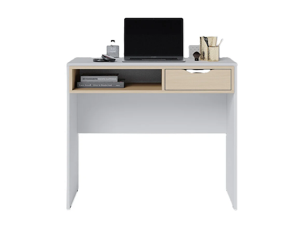 Bureau 1 Tiroir 1 Niche Blanc Grisé et Chêne Clair L 90 H 77.5 P 44 cm