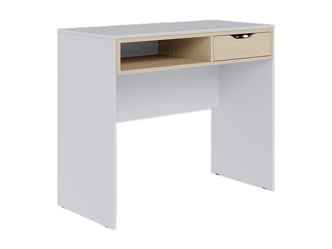 Bureau 1 Tiroir 1 Niche Blanc Grisé et Chêne Clair L 90 H 77.5 P 44 cm