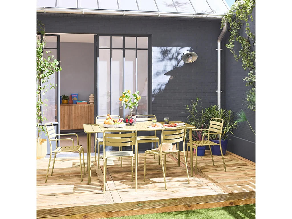 Table de jardin métal + 6 assises jaune. acier traitement anti rouille