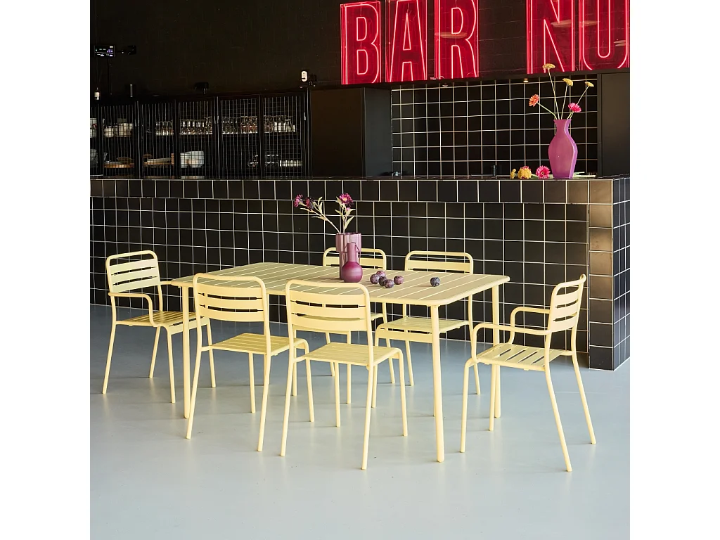Table de jardin métal + 6 assises jaune. acier traitement anti rouille