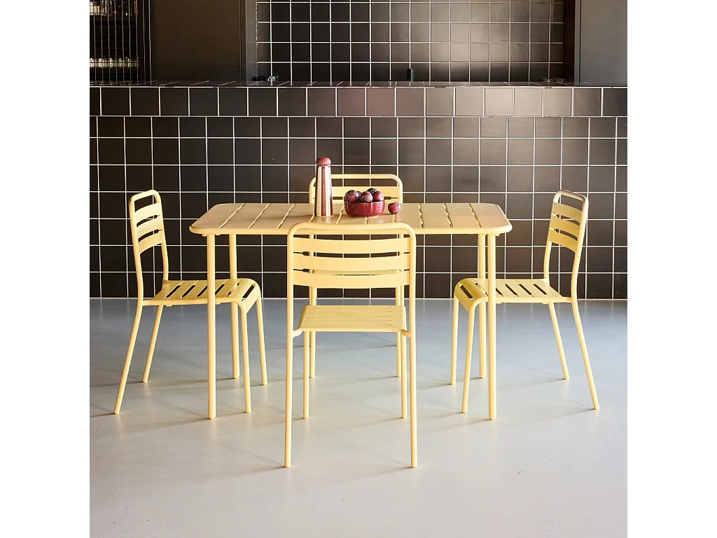 Set tavolo da giardino in metallo, 4 sedie, giallo