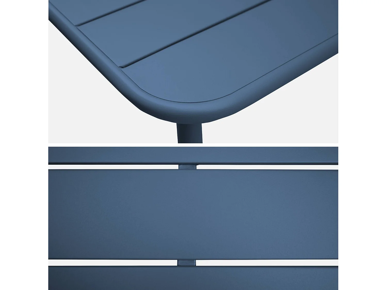 Table de jardin métal + 4 assises bleu marine en acier. Amelia. 120 x 70 x 72.5 cm