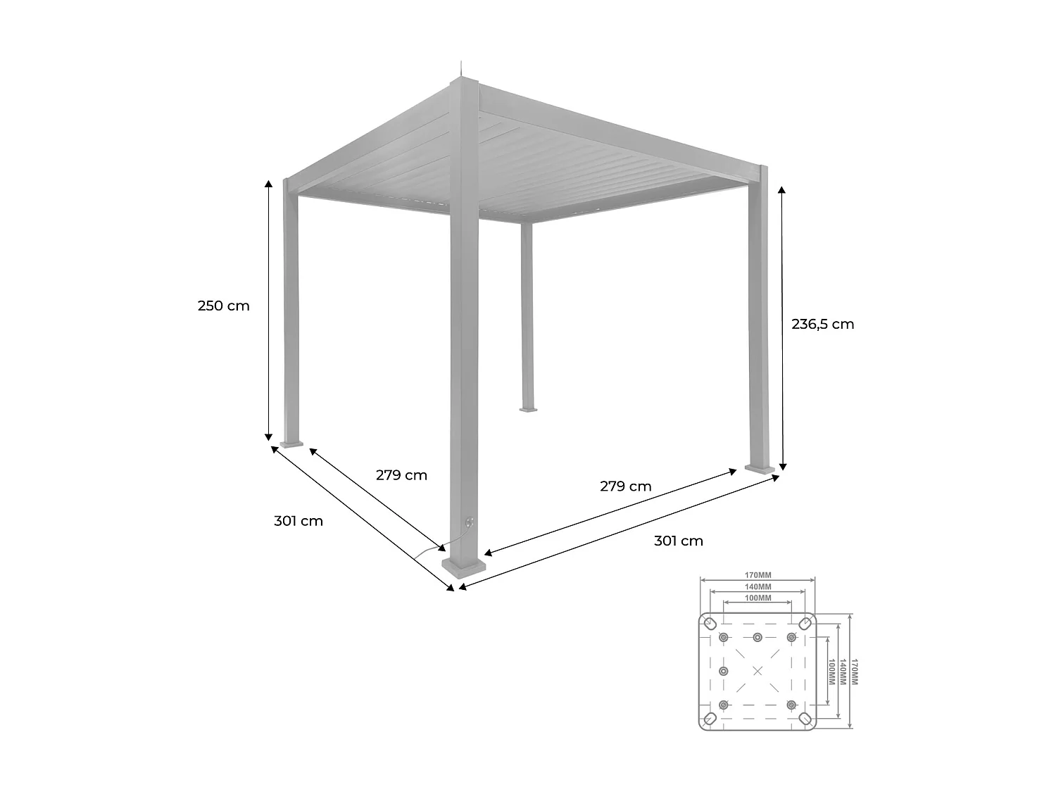Pergola bioclimatica 3x3m elettrica in alluminio con illuminazione
