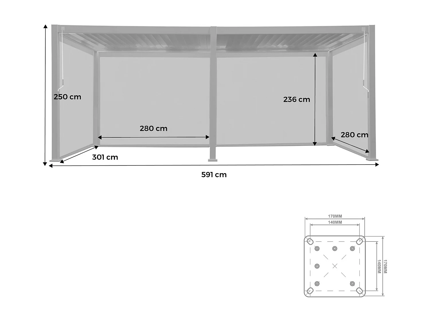 Pergola bioclimatique en aluminium. lames orientables 3x6m + 4 stores 3m TRIOMPHE blanc