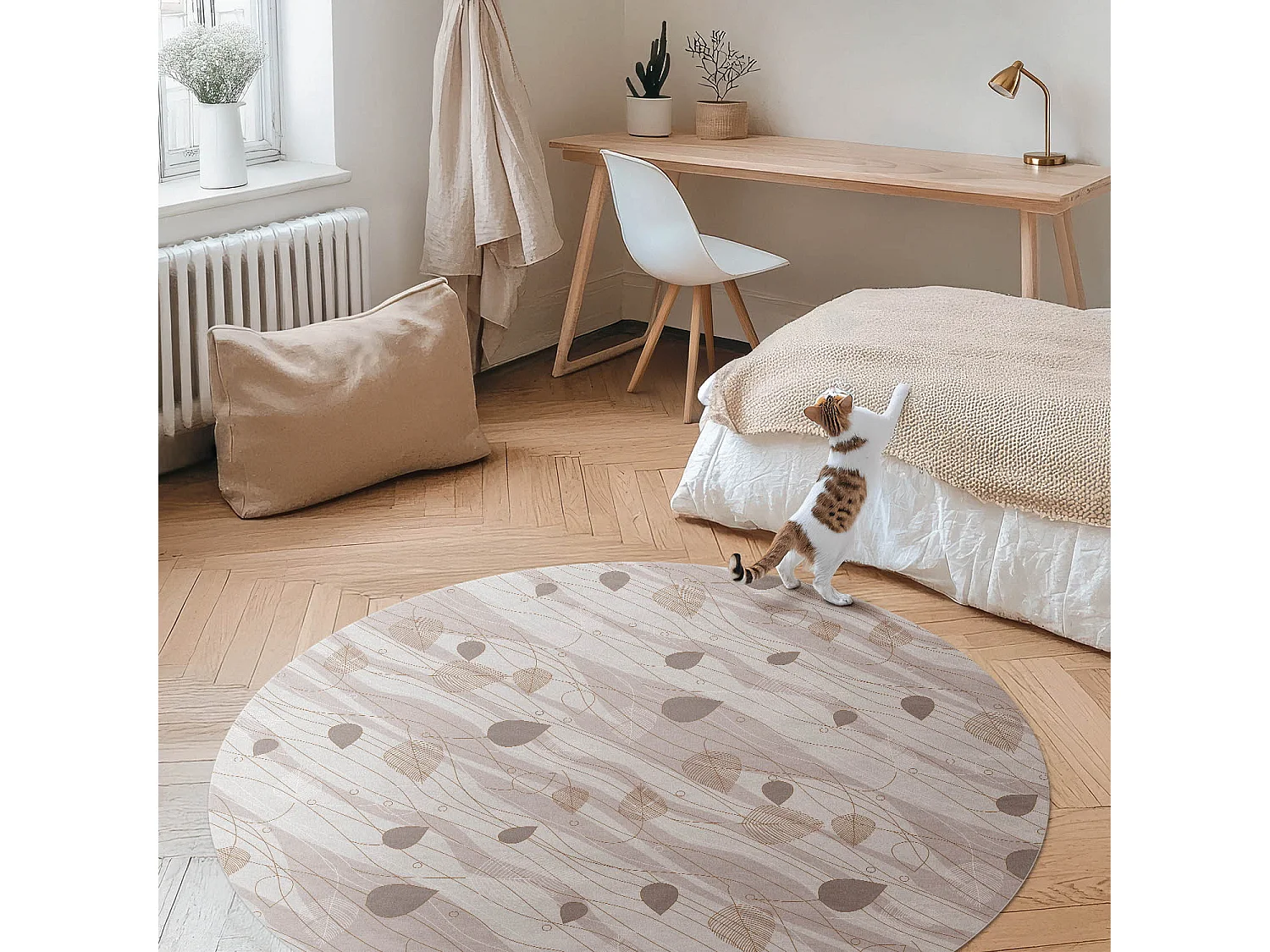 Tapis vinyle pour la maison, Moquette d'intérieur Feuilles de Boho sur illustration de fond de vagues 110 cm