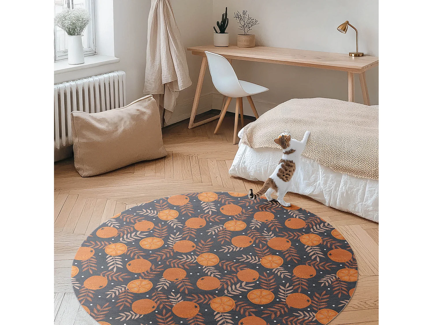 Vinylteppich für Zuhause, Innenteppich Illustration Orangen und Blätter 140 cm