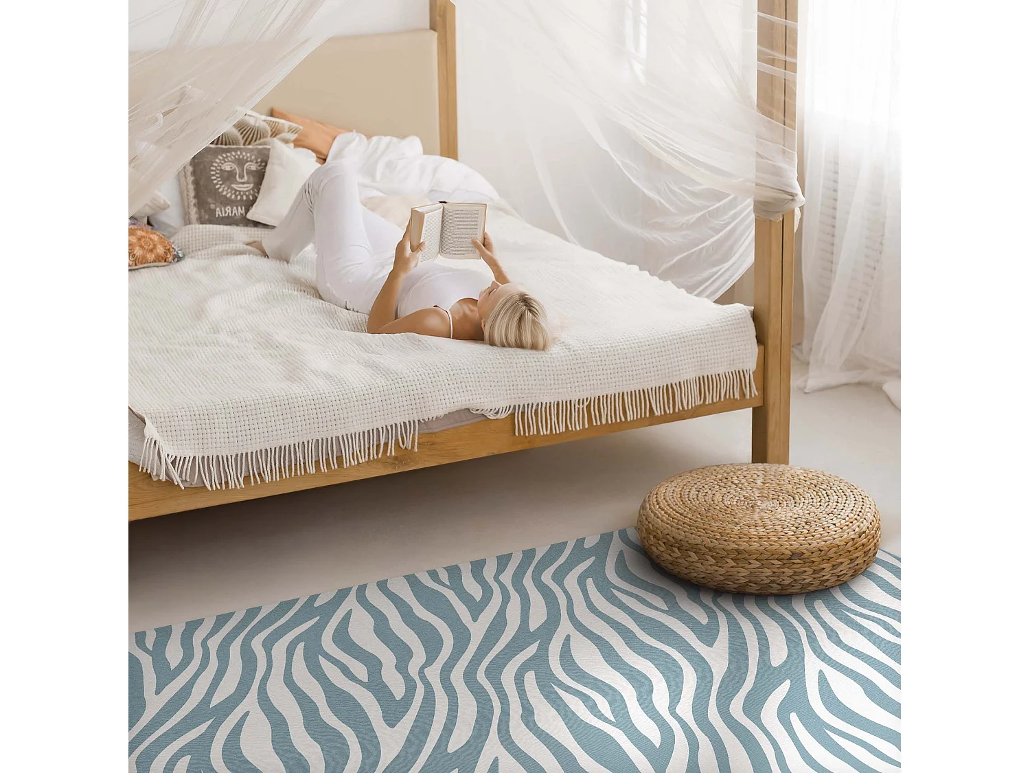 Tapis vinyle pour la maison, Moquette d'intérieur Vagues boho abstraites en bleu pastel - 150x225 cm