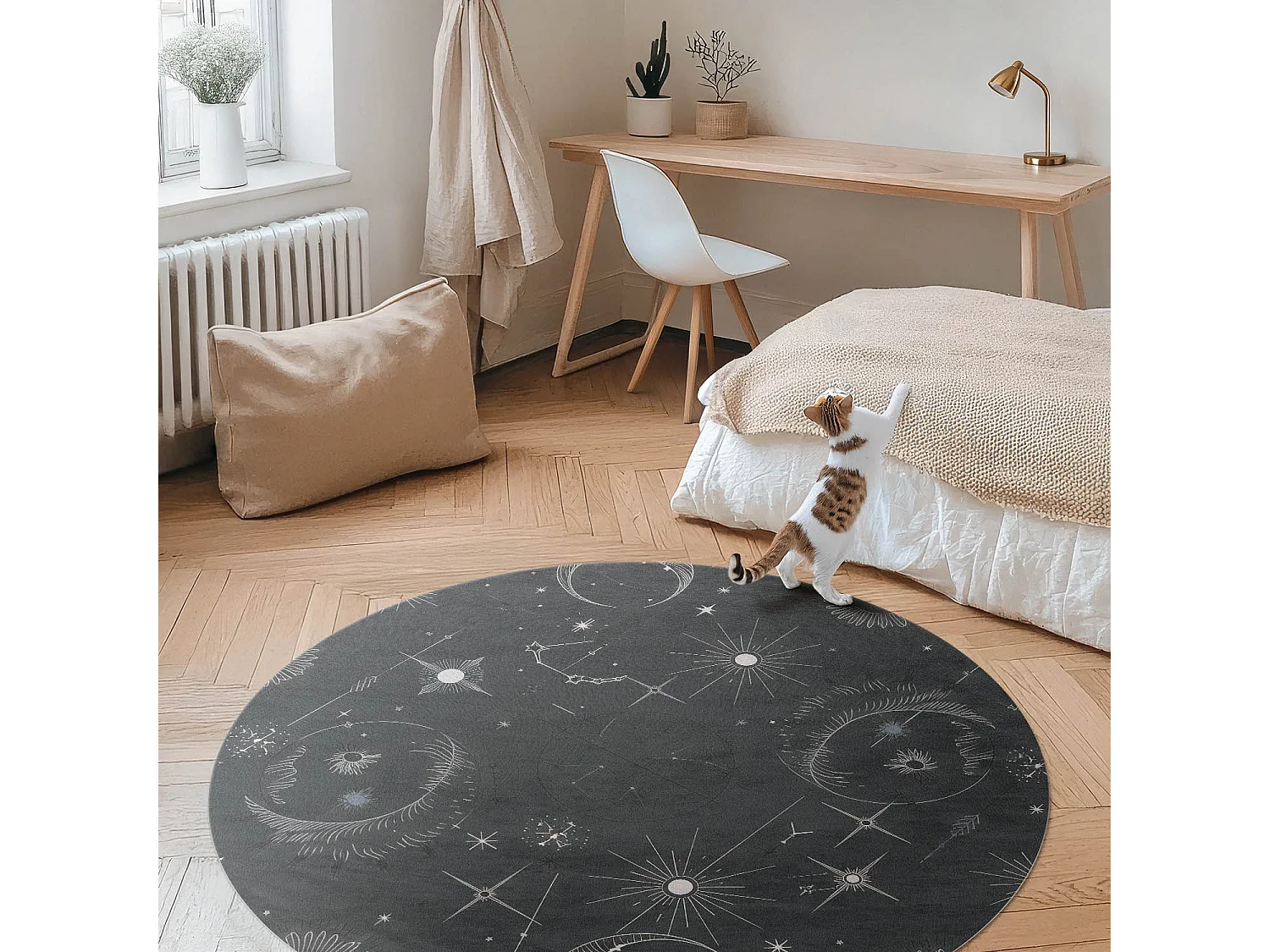 Vinylteppich für Zuhause, Innenteppich Weltraum- und Astrologieillustration von Sternen und Monden 110 cm