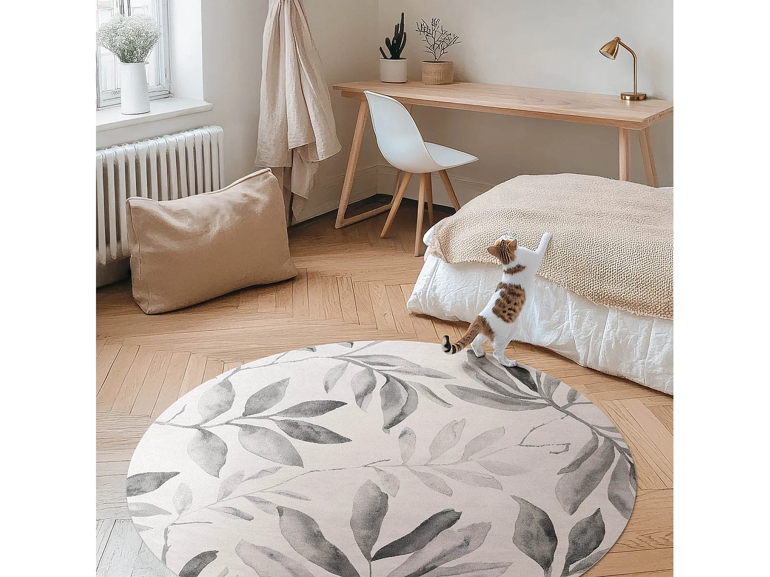 Vinyl-Teppich für Zuhause, Innenteppich, Aquarellpflanzen, einfarbig, zarte Blätter, Boho-Stil, 80 cm