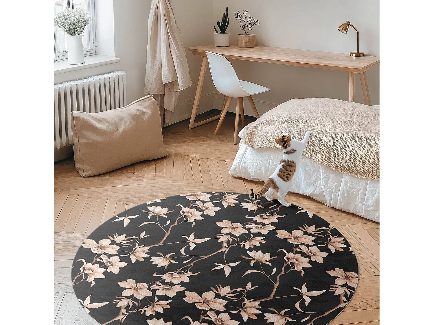 Vinylteppich für Zuhause, Innenteppich Helle Blumen auf Zweigen, Vintage-Muster, 100 cm