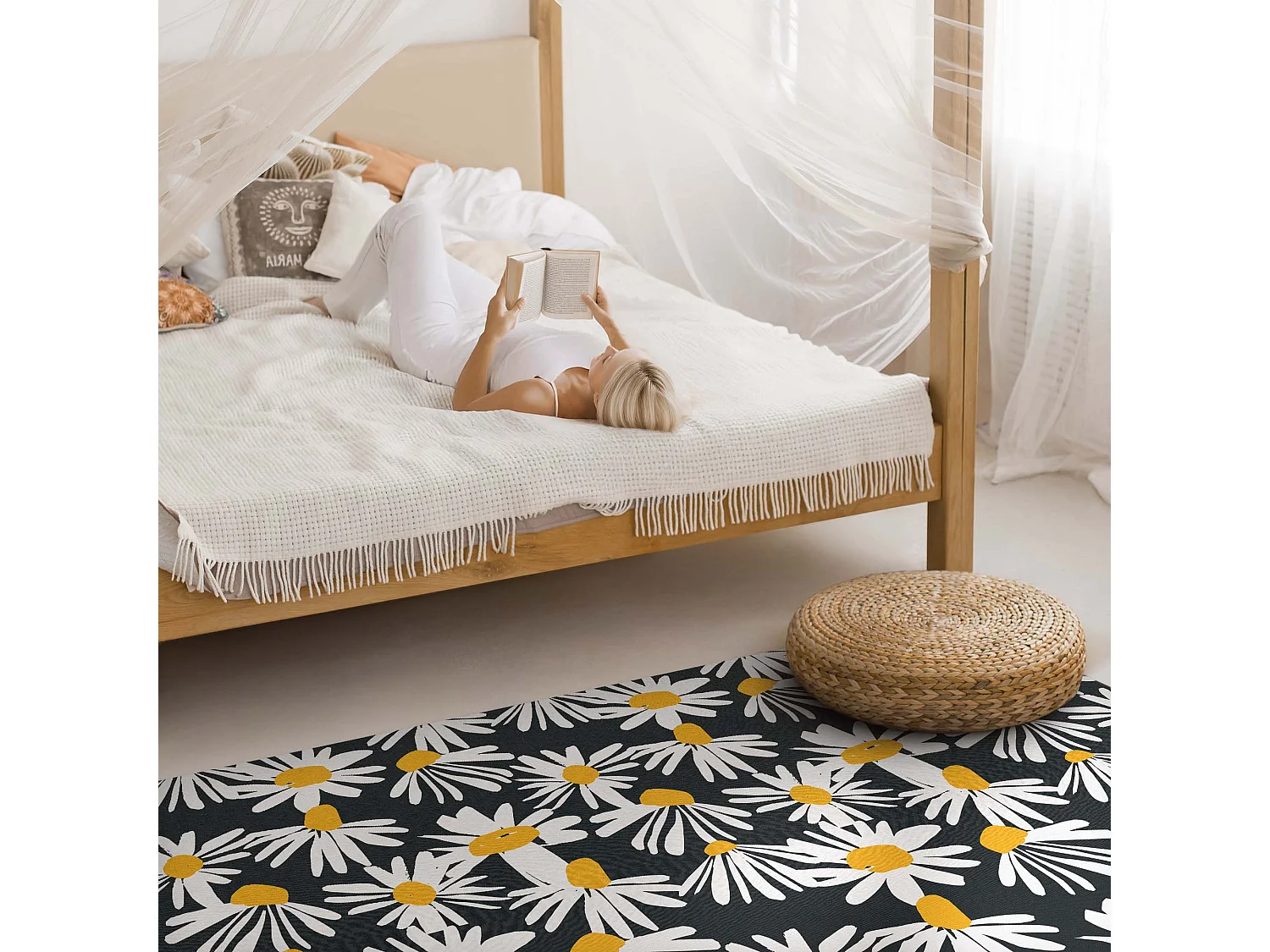 Vinylteppich für Zuhause, Innenteppich Gänseblümchen und bemalte Wildblumen – 120x180 cm