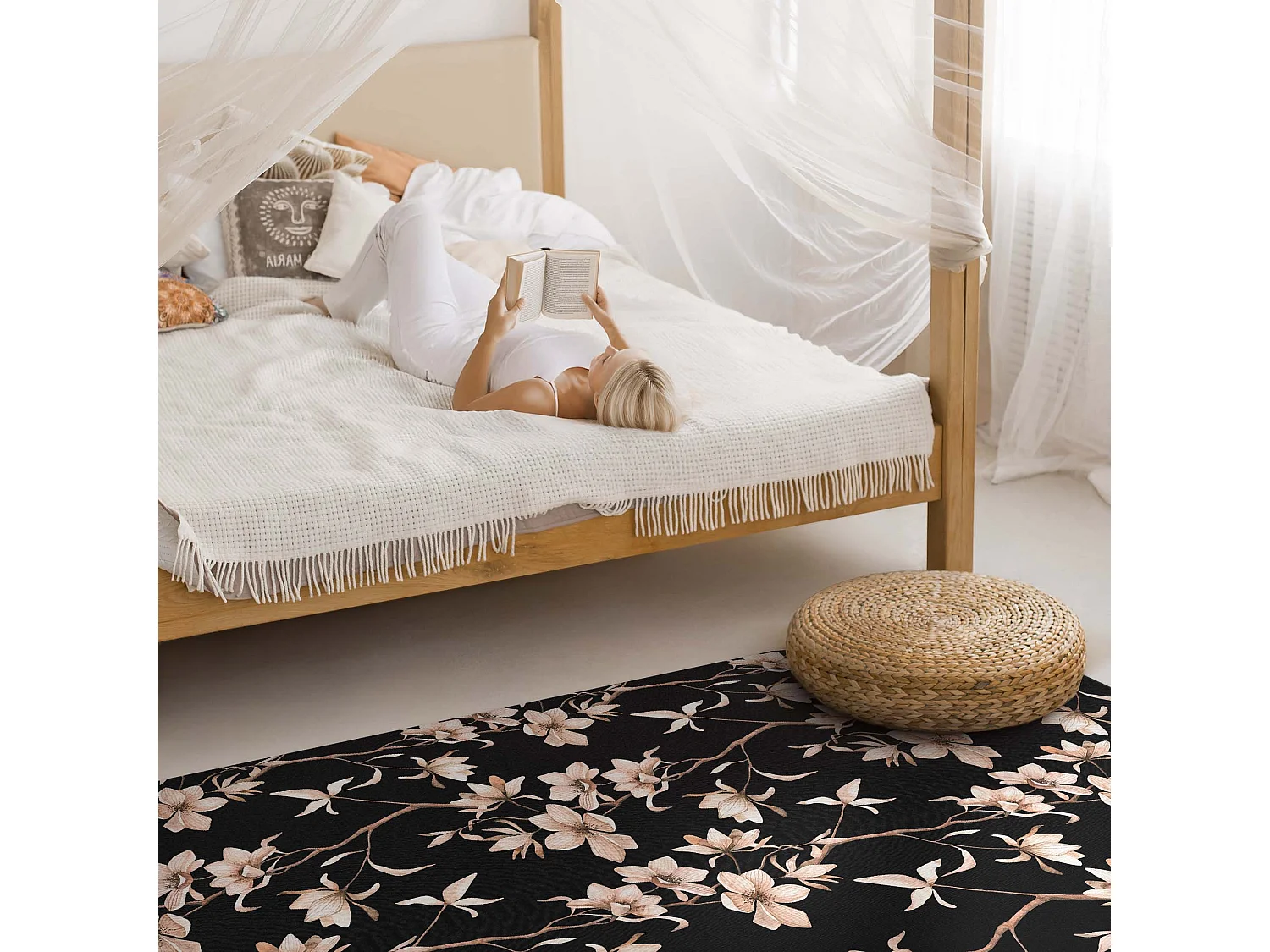 Vinylteppich für Zuhause, Teppich für Innenräume, leuchtende Blumen auf Zweigen – 80 x 120 cm