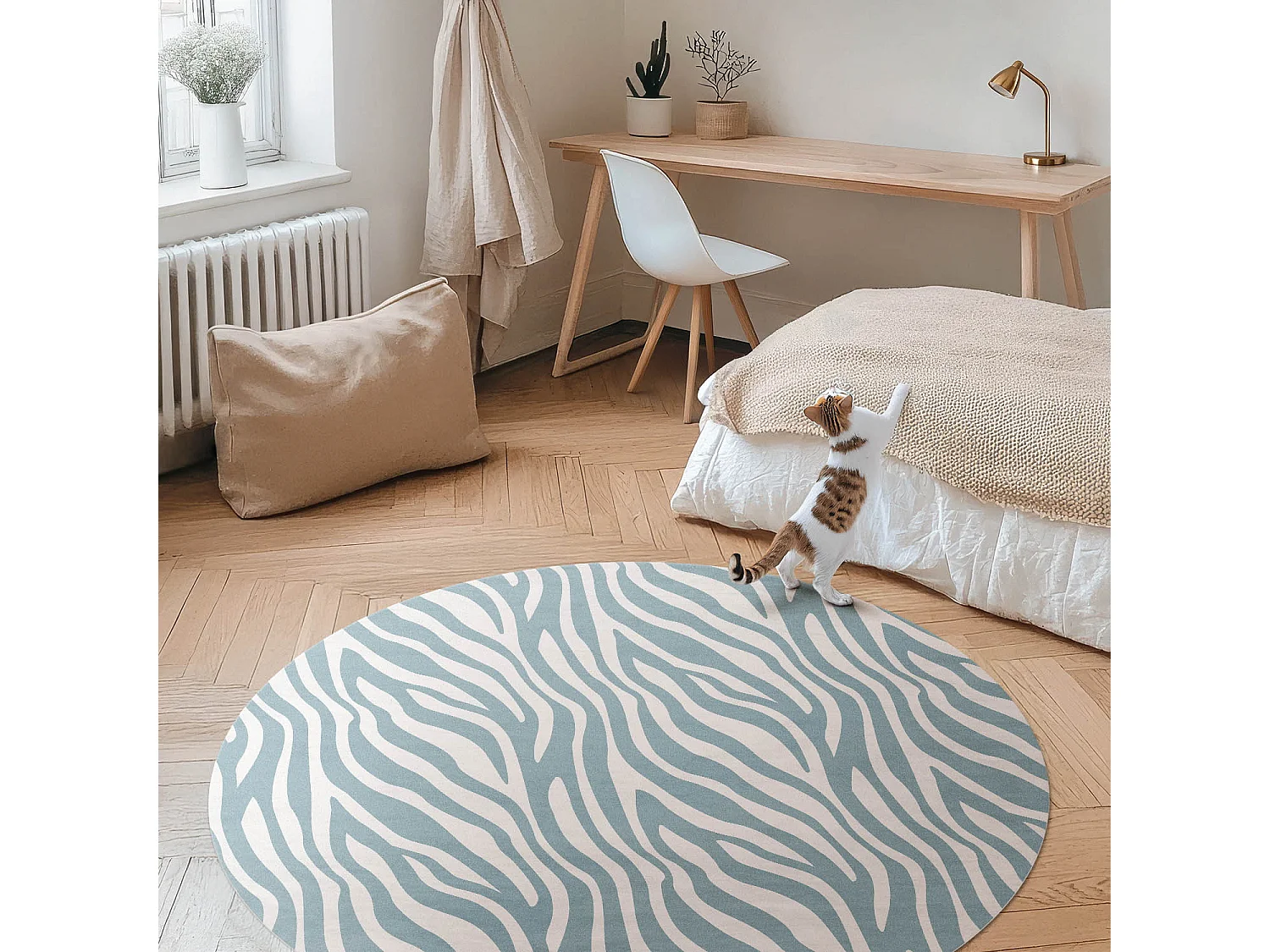 Vinylteppich für Zuhause, Innenteppich Abstrakte Boho-Wellen in Pastellblau 70 cm