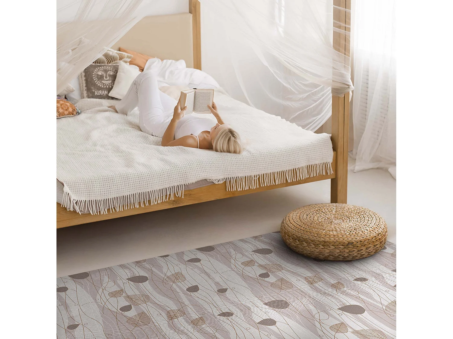 Tapis vinyle pour la maison, Moquette d'intérieur Feuilles de Boho sur fond de vagues - 140x210 cm