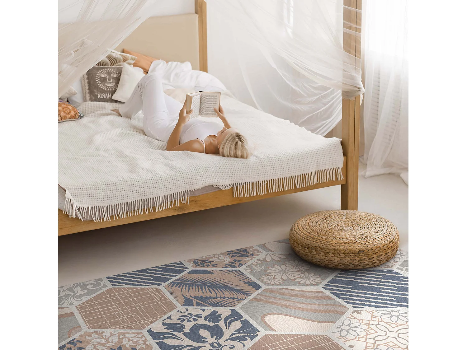 Vinylteppich für Zuhause, Innenteppich mit hawaiianischen Boho-Sechseckfliesen – 80 x 120 cm