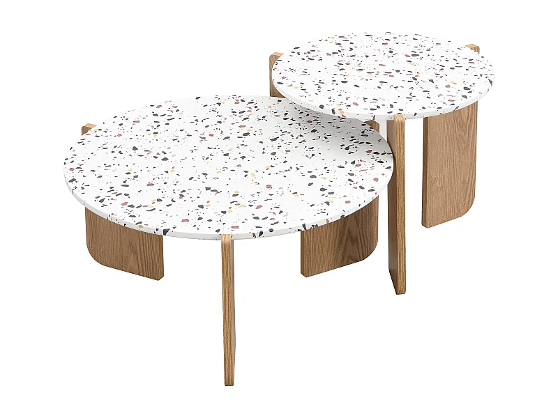 Ensemble de 2 tables basses gigognes blanches rondes pieds bois QEGZA WOOD